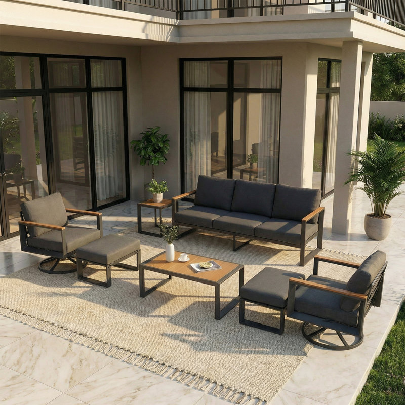 Aluminum Outdoor Patio Furniture Set 7 Pieces, 2 Swivel Rocking Chairs, 3-Seater Bench, 2 Ottomans, Coffee Table & Side Table, Patio Sectional Conversation Furniture Set With Thick Cushions