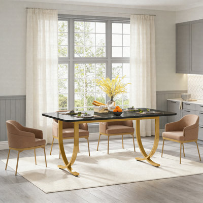 Table de salle à manger 63 "en faux marbre - table de cuisine moderne avec base géométrique dorée