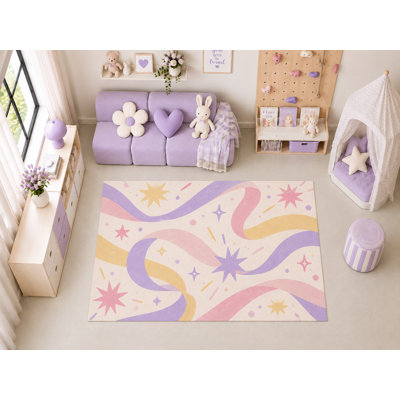 Tapis d'intérieur ultramince 152 x 213 cm (5' x 7') à motifs de rubans ondulés et d'étoiles scintillantes, idéal pour la chambre d'enfant, la crèche, la salle de classe et la salle de jeux. Doux et à poils courts, avec revêtement antidérapant en silicone.
