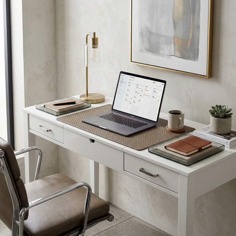Bureau d'écriture avec prises encastrées Kiralyn, Blanc frais