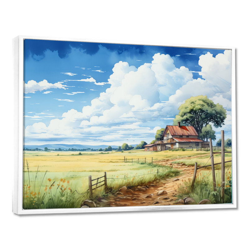 Herbe verte à côté de la maison de campagne - paysage, art mural, Toile encadrée flottée blanche, H 24 po x l 32 po x P 1 po