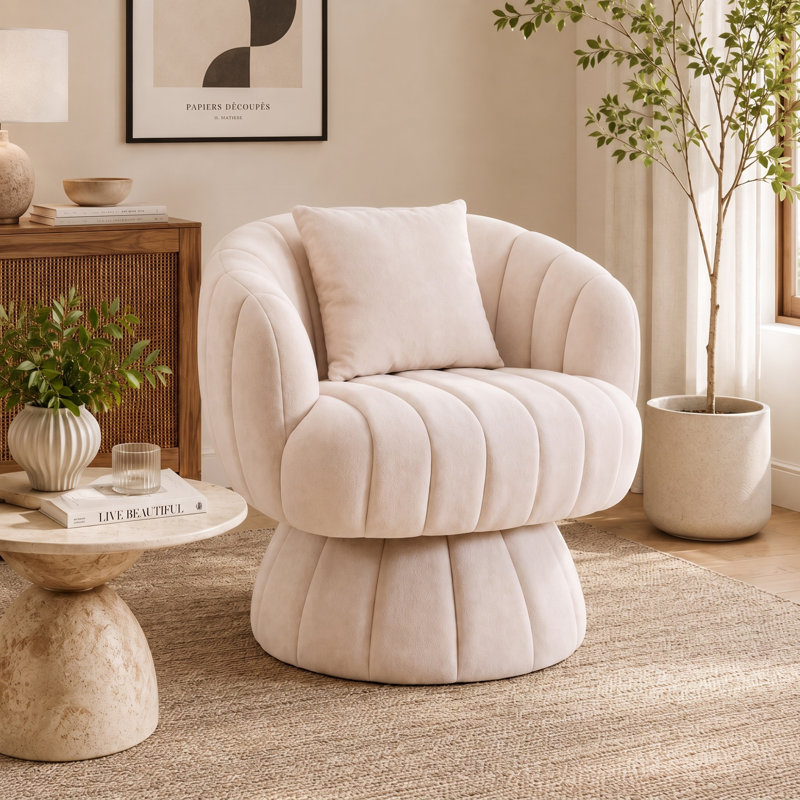 Fauteuil demi-tonneau rembourré rembourré avec coussin, Velours beige