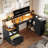 L Shaped Electric Standing Desk, 63 inch Gaming Computer Desk with Storage Shelves and LED Lights