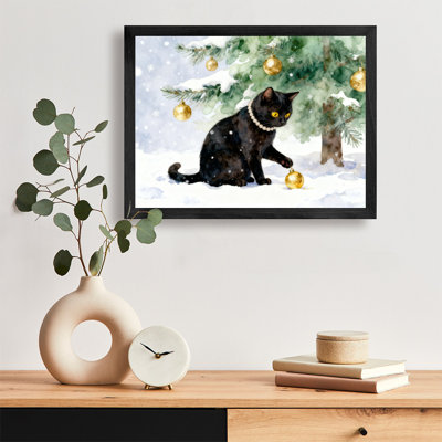 Black Framed Vintage Christmas Guardian, Christmas Cat Wall Art Retro Style Framed Prints