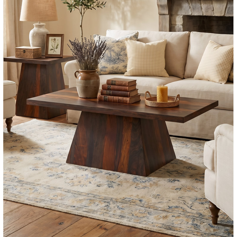 Table basse en bois de sheesham massif avec base à piédestal angulaire, Bison Brown