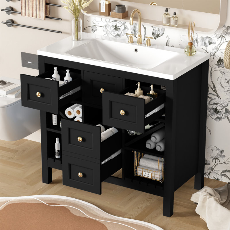 Meuble-lavabo sophistiqué avec lavabo en résine et fabrication en bois massif pour un rangement élégant