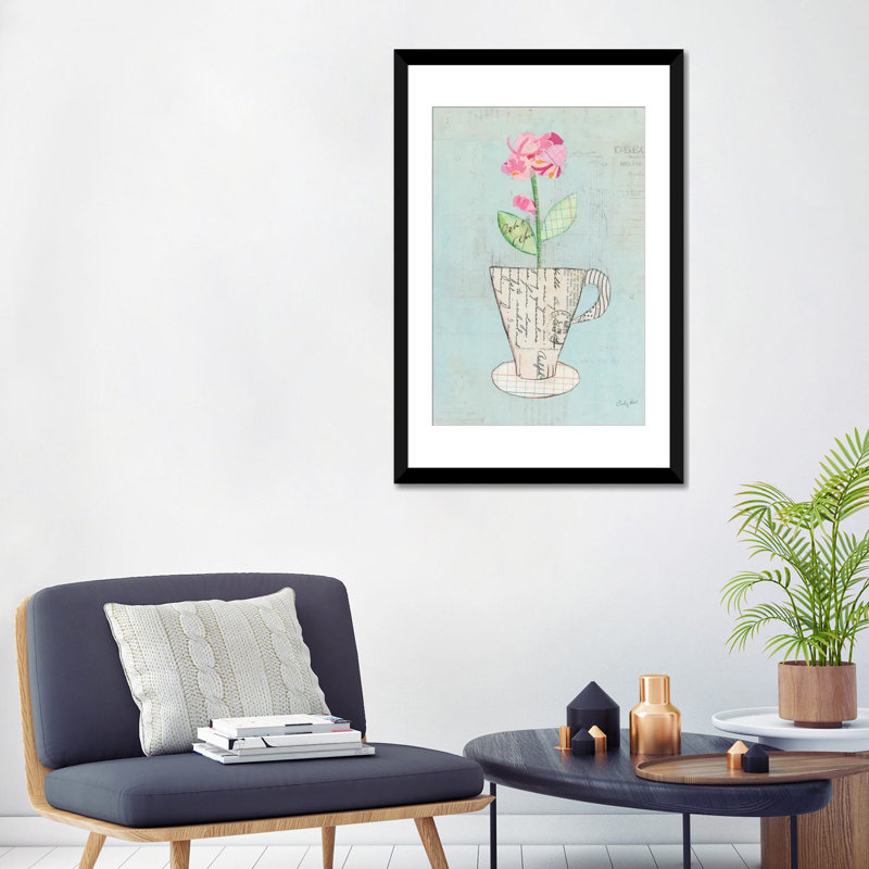 « iii », impression sur toile Teacup Floral, H 32 po x l 24 po x P 1 po, Papier d'art encadré noir, Blanc