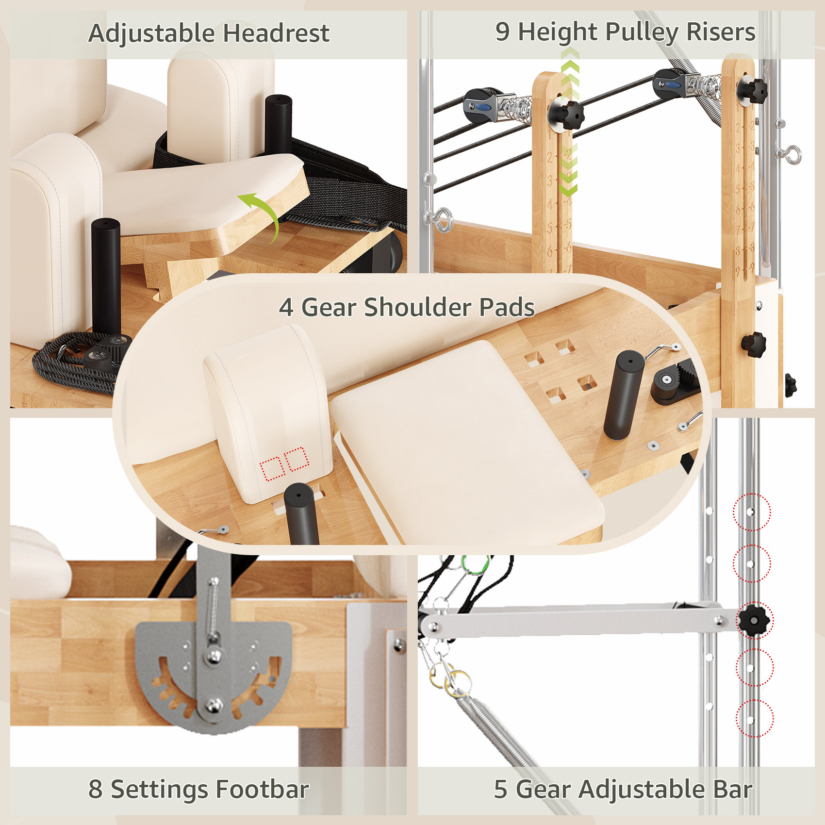 Table Top Reformer MOWPEX 3-In-1 Professional Wood Pilates Reformer With Full Cadillac ...