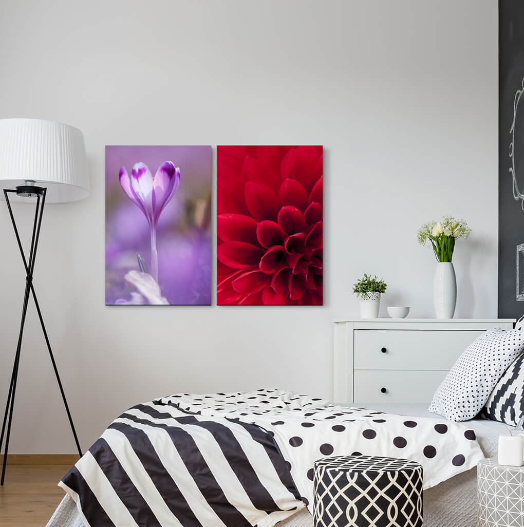 2-tlg. Leinwandbilder-Set - Fotografie „Dahlia Red Blossom Boy Flower Summer Violet”