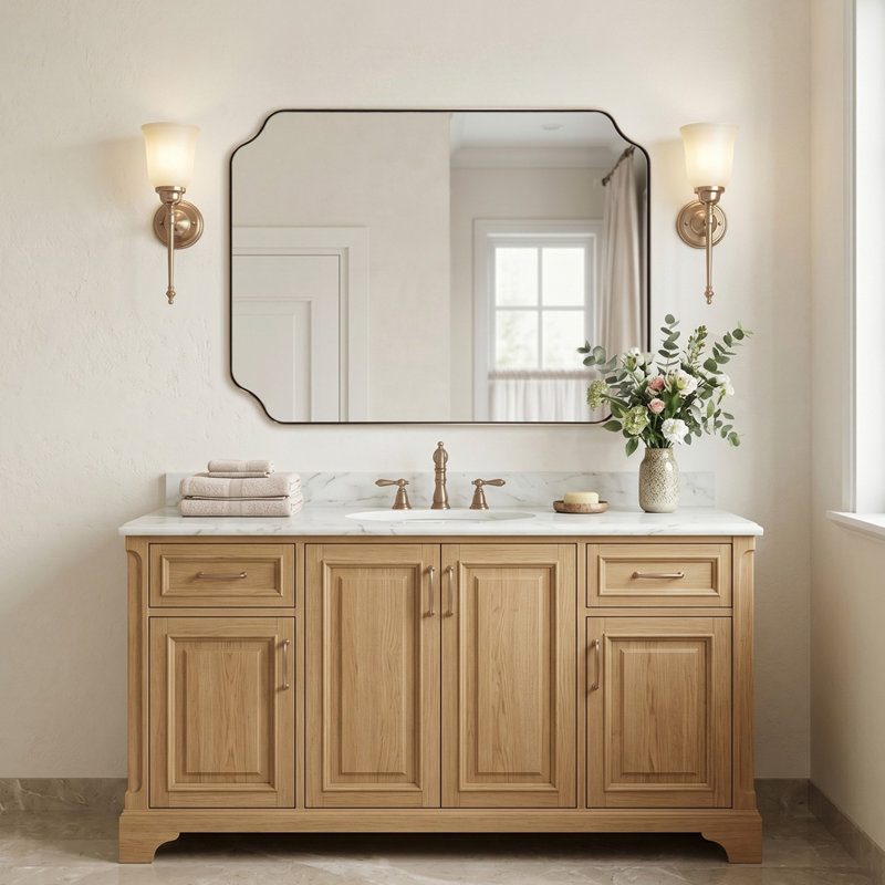 Modern Scalloped Corner Rectangle Bathroom Vanity Mirror | Stainless Steel Frame, 40" x 30", Champagne Bronze