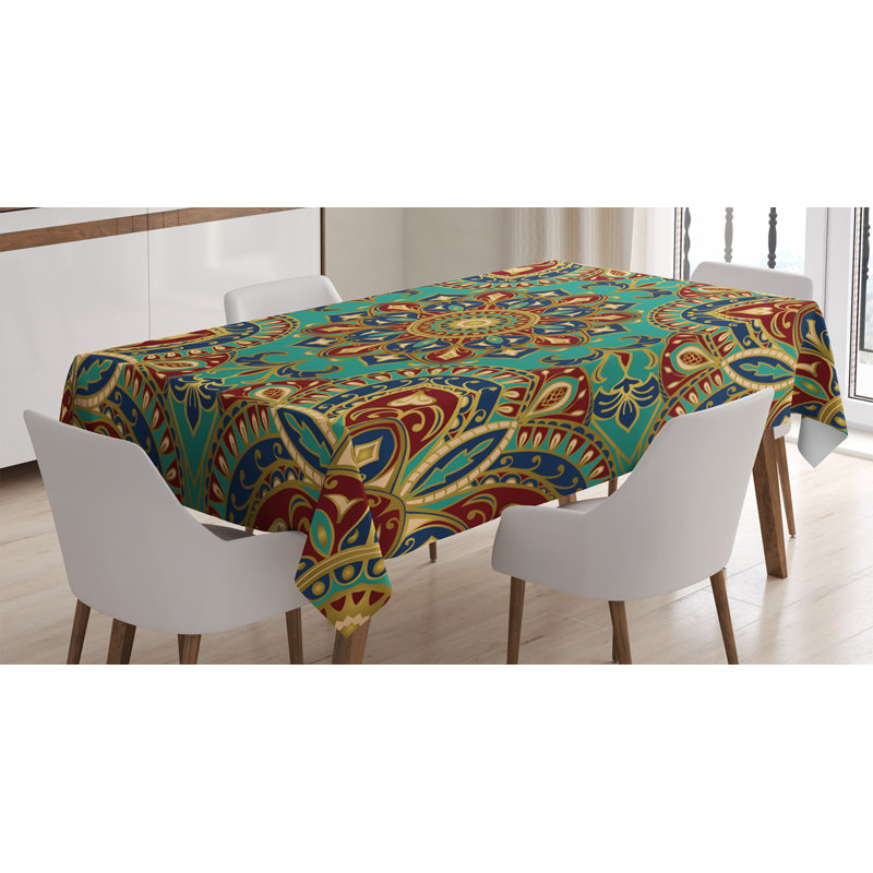 Mandala Tablecloth, Pattern With Mandala Style Eastern Medieval Motifs Oriental Ethnic, Rectangular Table Cover For Dining Room Kitchen Decor, 52" X 70", Teal Indigo Ruby