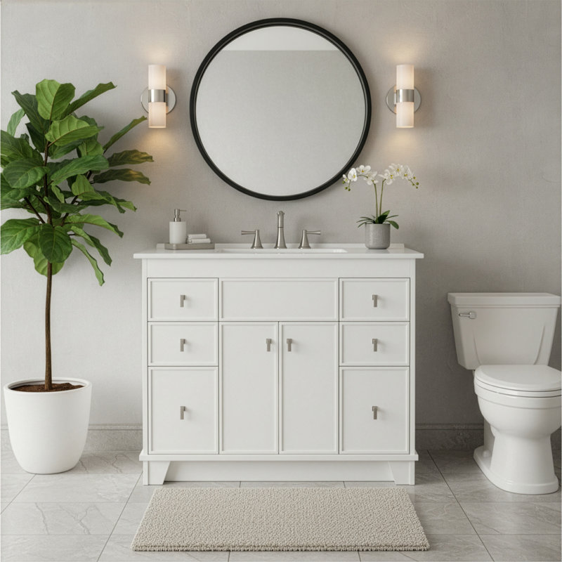Meuble-lavabo simple 40 po - Finition blanche avec comptoir en céramique blanche, Nickel brossé, Blanc