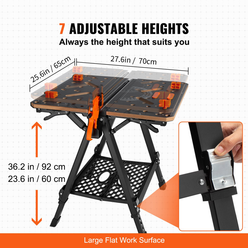 Table de travail pliante, chevalet et établi 2-en-1, capacité de 1000 lb, 7 hauteurs réglables, pieds en acier, support à outils pliable portable avec pince en bois, 4 bancs, 2 crochets, rangement facile dans le garage