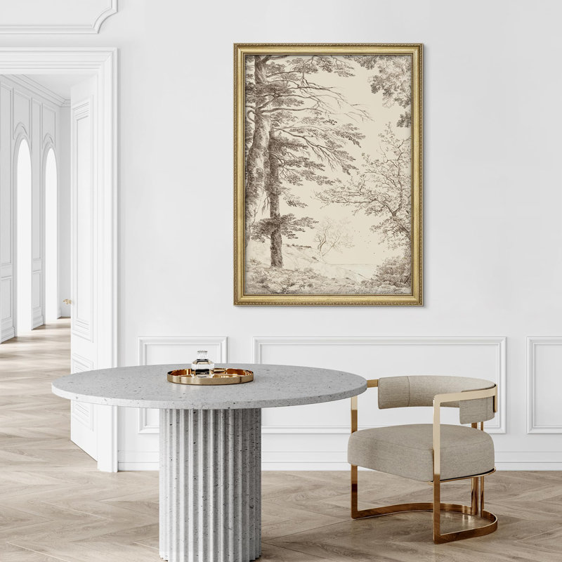 Antique, croquis d'arbre détaillé, dessin de forêt encadré or, décoration murale encadrée, Non