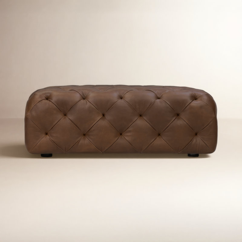 Turin Tufted Square Genuine Leather Ottoman, Brown