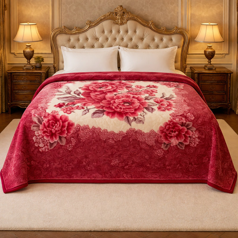 Silky Floral Plush Blanket – Soft, Warm & Elegant Korean-Style Bedding Throw