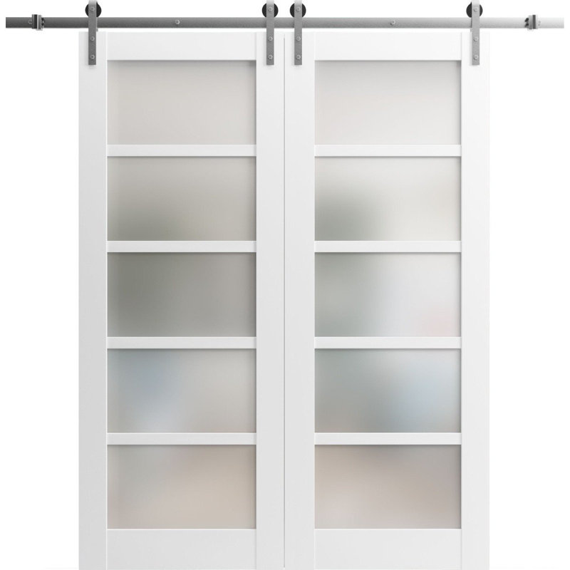 Portes doubles coulissantes de style grange avec quincaillerie Quadro 4002 Blanc Soie et verre dépoli, rail de 4 m (13 pi), ensemble robuste, panneau en bois massif, porte intérieure de cuisine, chambre ou salle de bain - 213 cm x 244 cm (84 po x 96 po) (2 x 107 cm x 96 po) - Verre dépoli - Rail argenté