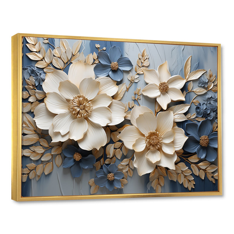 Composition de fleurs saisonnières beige et bleu - Fleurs saisonnières, H 16 po x l 32 po x P 1 po, Cadre flottant doré