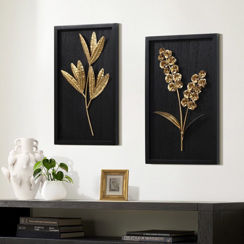 Décoration murale florale en métal doré 19,7 po H avec cadre en bois noir (ensemble de 2)