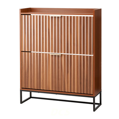 Shoe Cabinet With 2 Flip Drawers, Mid-Century Shoes Storage Cabinet With Anti-Tipping Device, Freestanding Fluted Shoe Organizer, Ideal For Entrance, Hallway, Bedroom, Living Room, Walnut, Shoe Storage