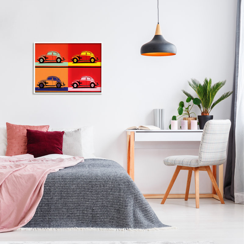 Style pop voiture rétro voiture rouge audacieux, L 30 po x H 30 po, Giclée encadrée blanc bord de mer
