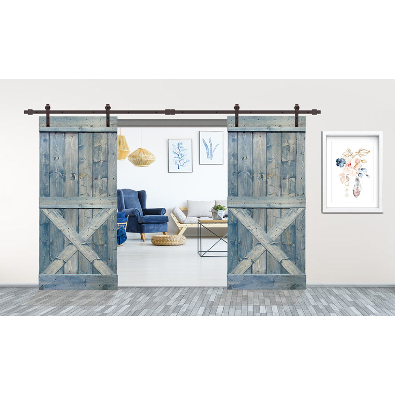 Porte de grange double à panneaux en bois et en métal avec trousse de quincaillerie d'installation Mini X Series, Bleu denim