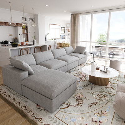 Kenda 5-Piece Upholstered Modern Linen Slipcovered Sectional Sofa With Ottoman