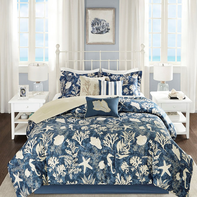 7 Piece Comforter Blue Cotton Lightweight Stunning Design