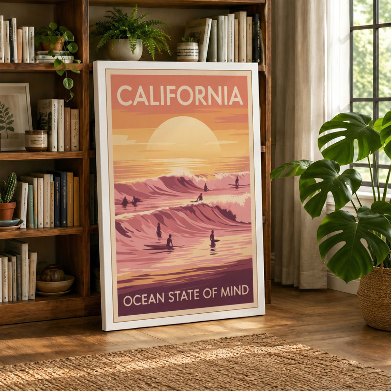 California Ocean State of Mind Retro - Wrapped Canvas, 24x16 - 61.0 x 40.6 cm, Taupe Border