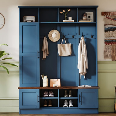Portemanteau polyvalent 3-en-1 avec 6 crochets, banc de rangement en noyer de ferme avec tablettes réglables, portemanteau d'entrée de 55 po avec plusieurs espaces de rangement pour vestibule, couloir, bleu