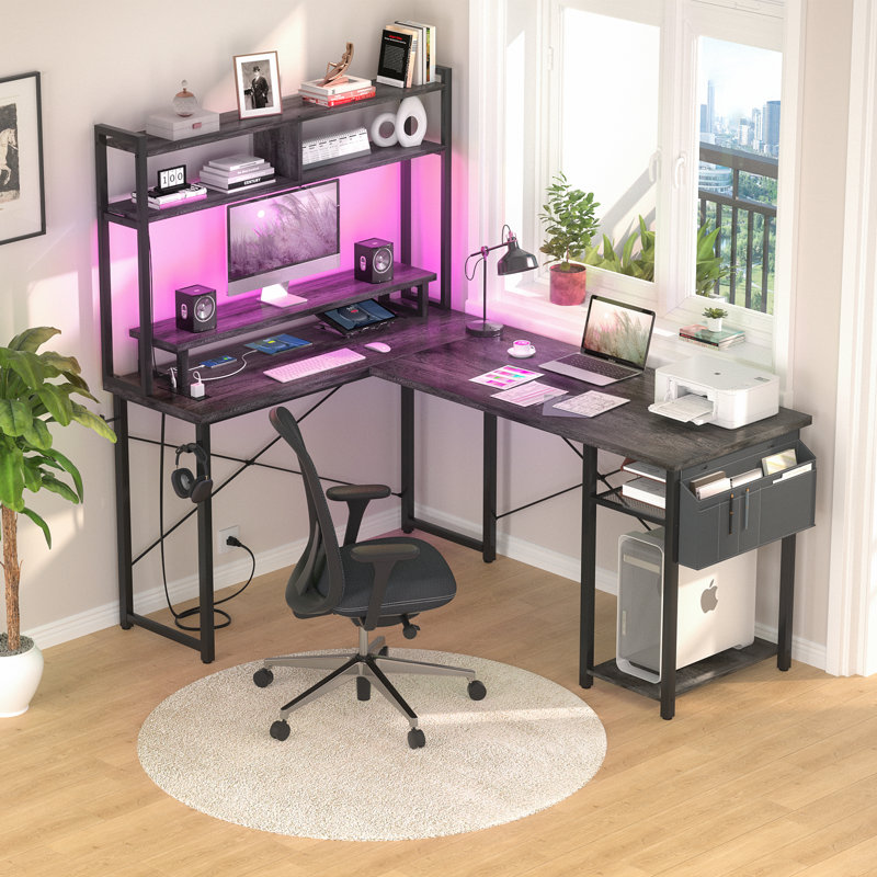 L Shaped Computer Desk with Hutch & Power Outlets, Reversible Gaming Desk with Monitor Stand & Storage Shelf, Gray