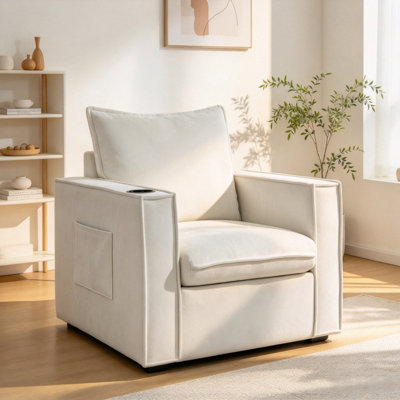 Fauteuil d'appoint pivotant avec porte-gobelets, canapé confortable avec poches latérales, fauteuil de salon moderne, chambre à coucher, coin, blanc