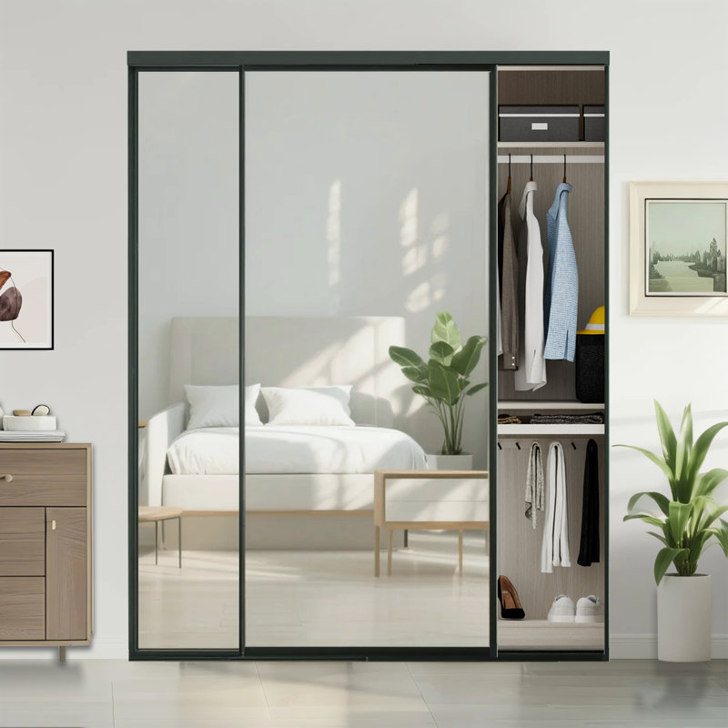 Portes coulissantes 60 po x 80 po en acier noir avec miroir et trousse de quincaillerie d'installation, 60 po x 80 po