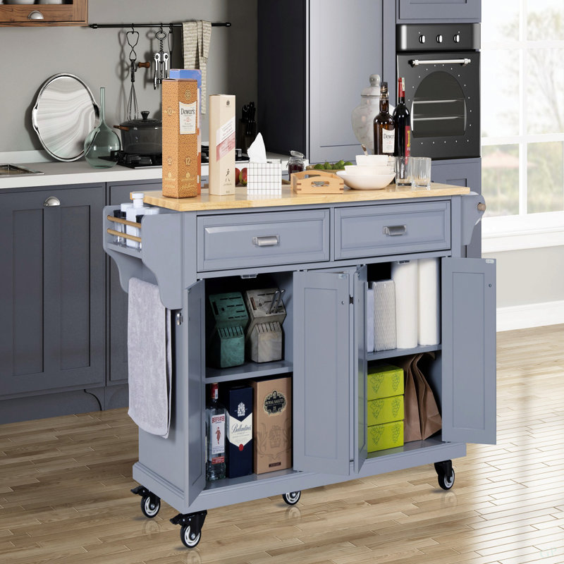 Kitchen Island With Rubber Wood Countertop, Kitchen Cart On 5 Wheels With Storage Cabinet And 2 Top Drawers And A Center Double Layered Storage Drawer For Dinning Room
