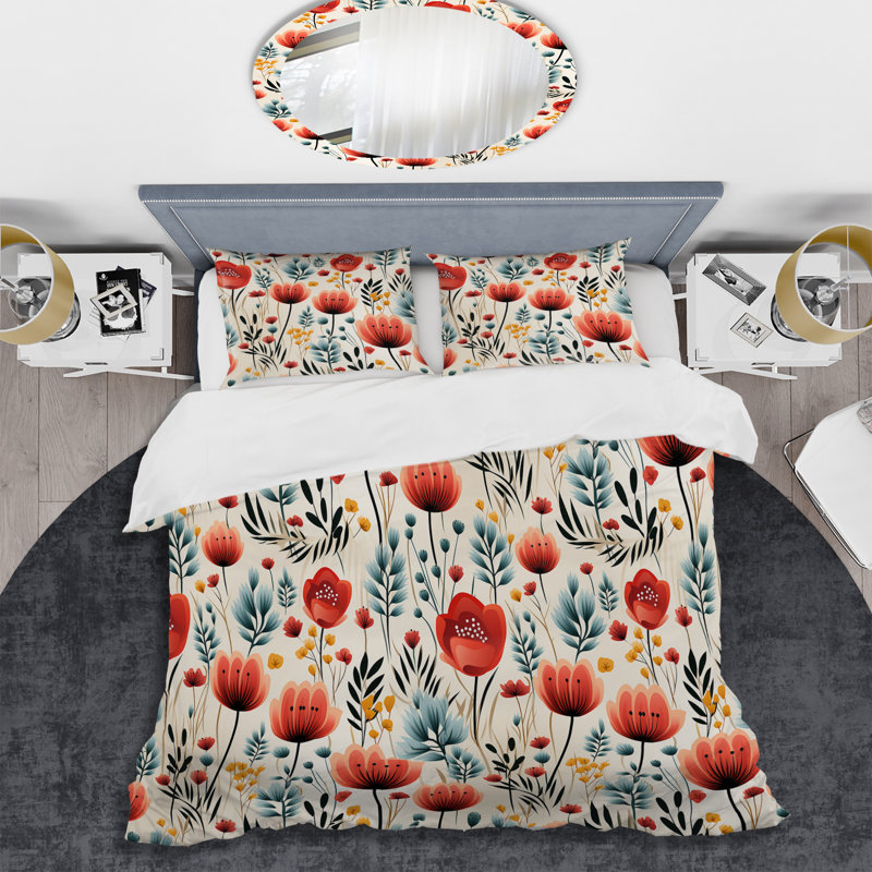 Ensemble de housse de couette en microfibre vert / corail Light Red Garden Floral Serene Blooms I