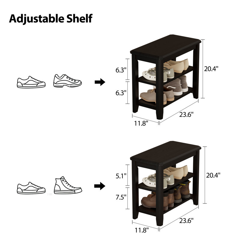 Aevah Sleek 2-Tier Solid Wooden Storage Shoe Benches, 23.62″ W, Black