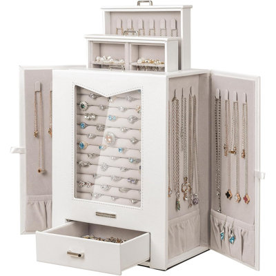 Homde Jewellery Organizer With Transparent Window Necklace Hooks Gift For Women Jewellery Box Display Case For Necklaces Rings Earrings Bracelets And Other Jewellery Accessories (white)
