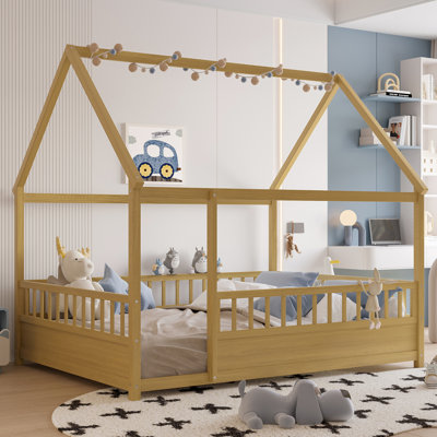 Full Size Floor Wooden Bed With House Roof Frame, Fence Guardrails(Full,Natural)