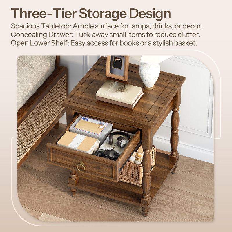 23.8" Tall End Table with Storage, Solid Wood Legs Side Table with Drawer