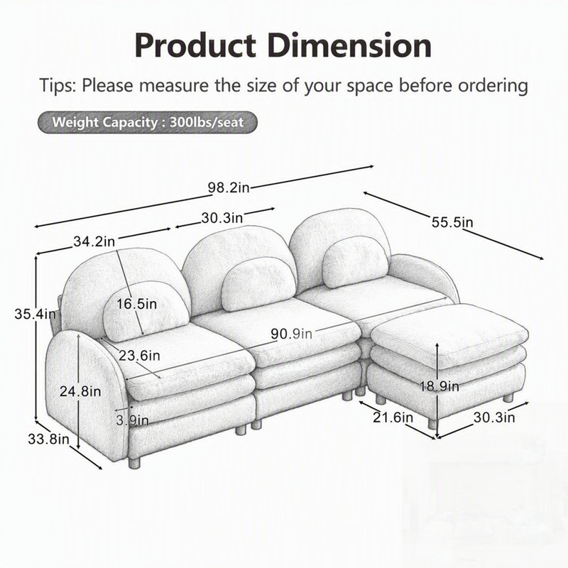 Canapé 3 places en tissu Teddy effet nuage, dossier et accoudoirs incurvés, pouf amovible, coussin double couche, 98.2" W