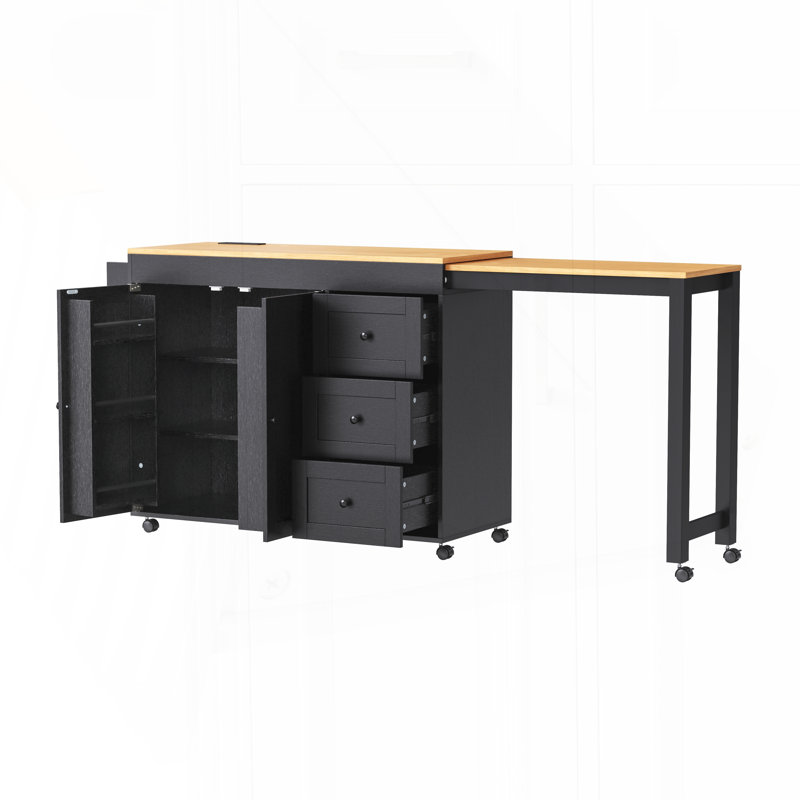 Kitchen Island with Extendable Dining Table, Kitchen Storage Cart with 3 Drawers, Power Outlet, Black
