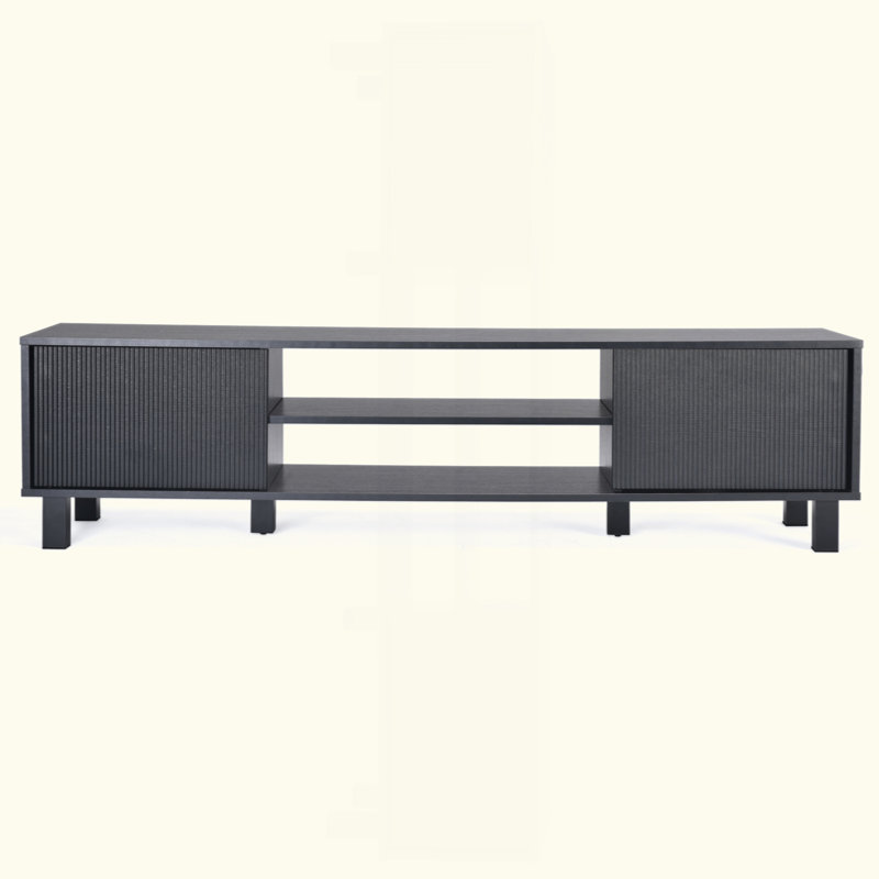 Meuble télé moderne pour téléviseur de 70 po ou moins, grande console multimédia avec rangement et tablettes ouvertes, centre de divertissement élégant pour le salon