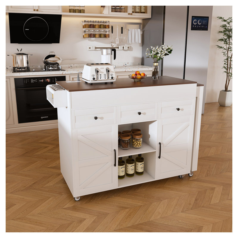 Îlot de cuisine extensible avec prise de courant et table de salle à manger roulante - Chariot de rangement mobile avec tiroirs et armoires pour petits espaces