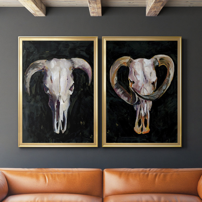 Horned Skull I, toile encadrée de qualité supérieure - prête à être accrochée, Or, H 42,5 po x l 61 po x P 2,5 po