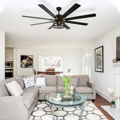 72 Inch Industrial Black Caged Ceiling Fan with Remote, Silent DC Motor Large Ceiling Fan with Light for Diningroom