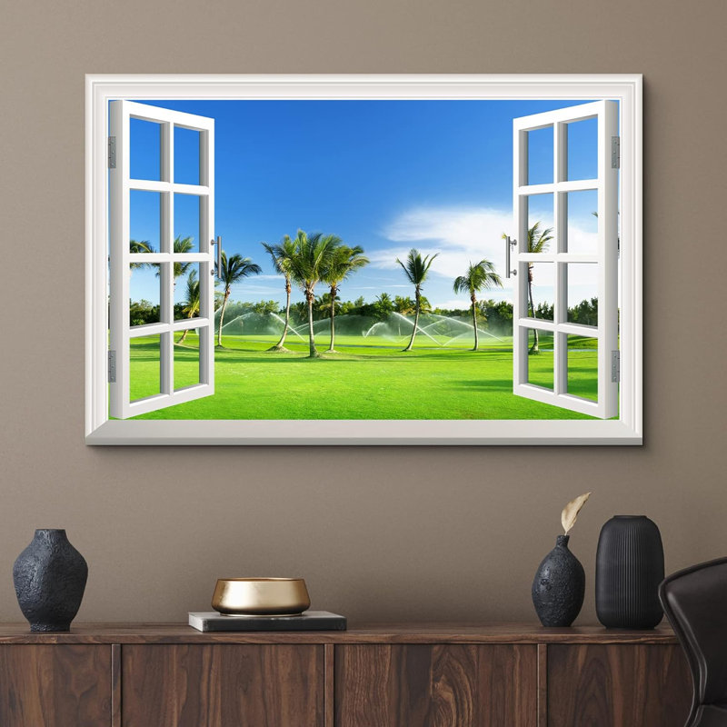«Window Scenery Tropical Island Golf Course», reproduction sur toile tendue, H 12 po x l 18 po