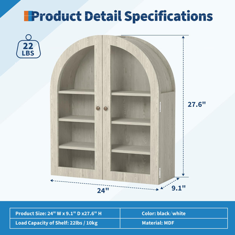 Space-Saving Arched Wall-Mounted Medicine Cabinet with Glass Doors – Adjustable Shelves – Modern Bathroom Storage – Ideal for Kitchen, Laundry, Over Toilet – Natural Wood Color