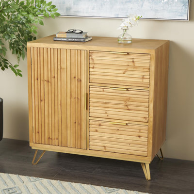 Cole And Grey Wooden Ribbed 1 Door And 3 Drawers Room Cabinet With Gold Metal Handles
