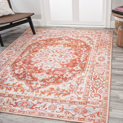 Lesak Ornate Medallion Machine-Washable Orange/Cream Rug