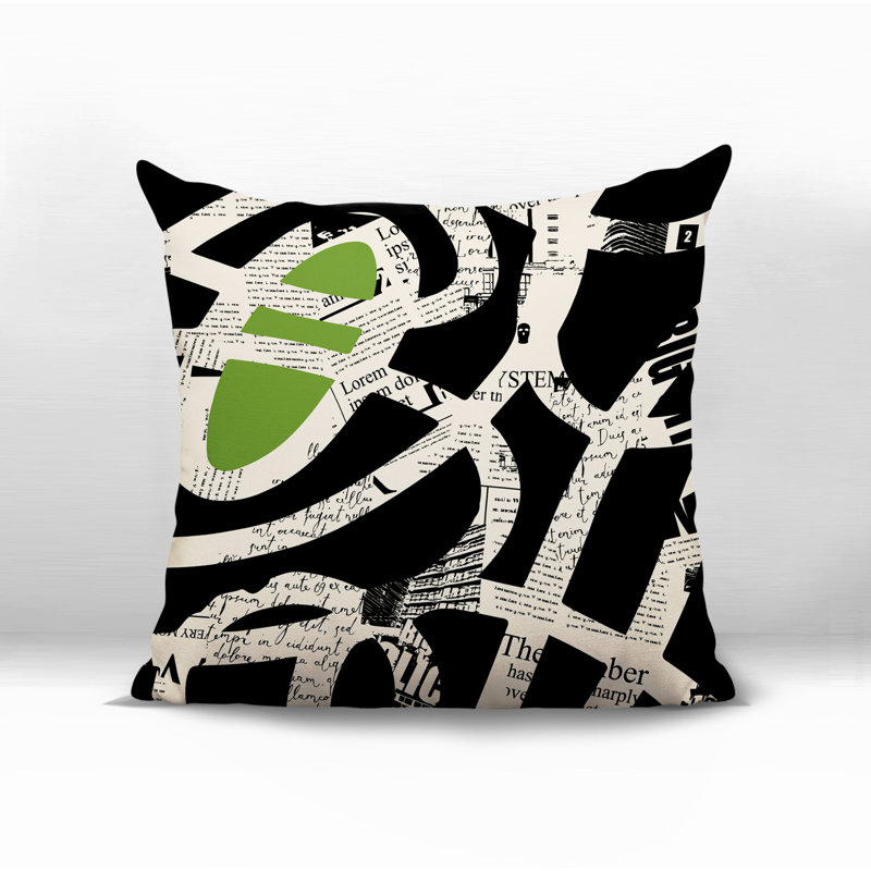 Oreiller carré réversible intérieur / extérieur Kaya, Chartreuse / noir / blanc cassé abstrait, H 15 po x l 15 po